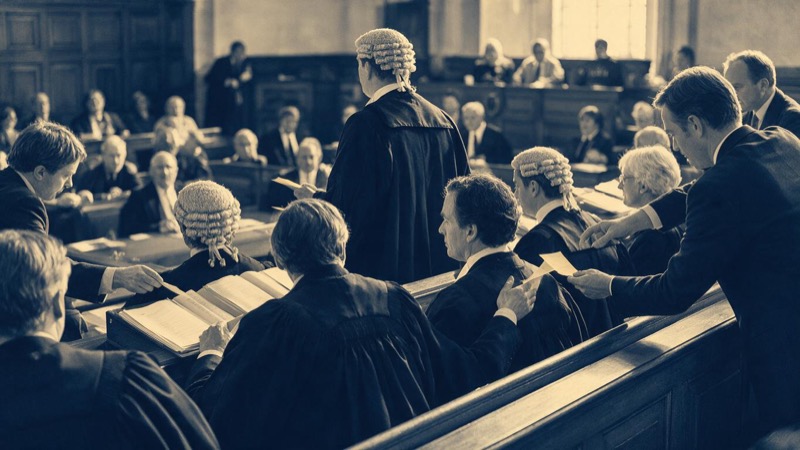 The empty wooden benches of a courtroom seen from the back row, tall windows letting slanting light across the raised bench, no one present