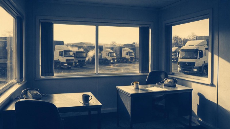 A haulage dispatch office at first light, two desks with phones and mugs, a window onto a yard of lorries starting their engines