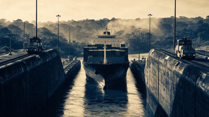 Wide view of a container ship entering a lock of the Panama Canal, concrete walls rising either side, rail locomotives on the wall tops, jungle beyond, early morning mist