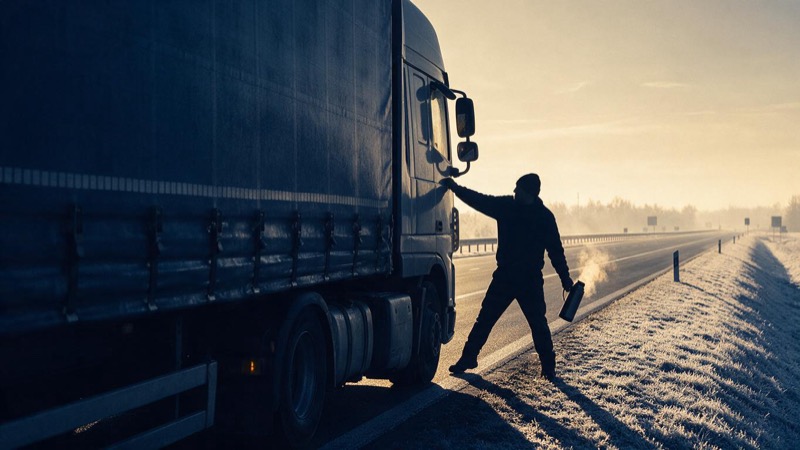 A lorry parked in a long lay-by on a frosted Polish motorway at dawn, its driver's silhouette stretching beside the cab with a steaming flask