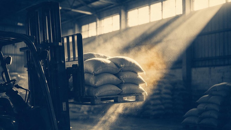 A forklift lifting a pallet of plain coffee sacks in a bonded warehouse at Santos, dust turning gold in the slanting sunbeams from high windows