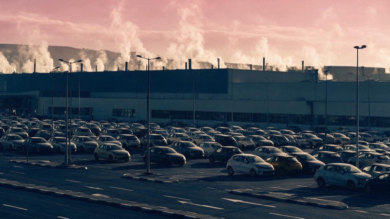 Early morning outside a large car factory in Tangier, the car park slowly filling as the first shift arrives, steam rising from roof vents under a pink sky