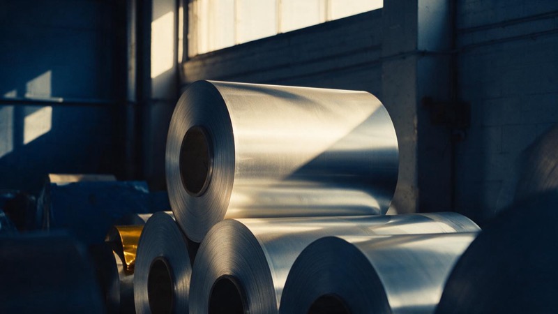 Rolls of aluminium sheet stacked in a warehouse, silver in a shaft of light from a high window