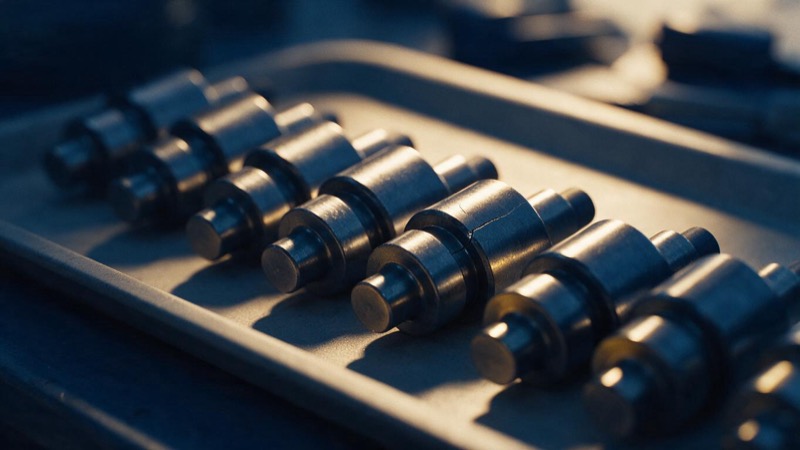 Close-up of a row of identical machined metal parts on a grey tray, one showing a hairline crack that catches a raking light