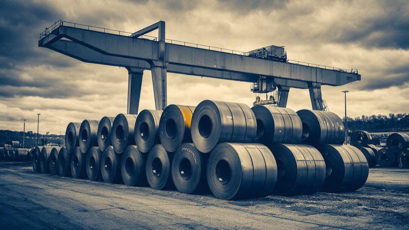 Rows of huge steel coils stored in an open yard in Pittsburgh under a heavy overcast sky, a crane gantry crossing above them