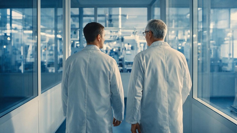 Two engineers in white coats seen from behind walk along a clean corridor with glass walls onto a medical-device production line, cool blue light