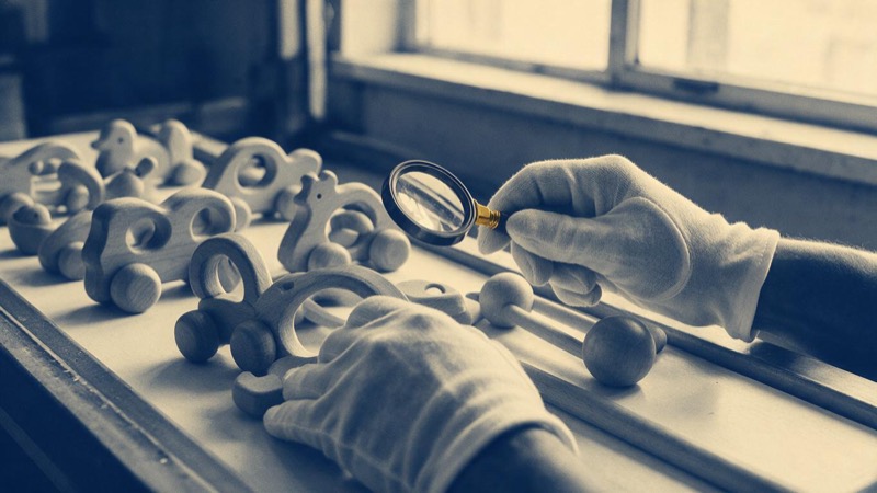 gloved hands inspecting a row of plain children's wooden toys on a clean inspection bench for safety, tidy and realistic, soft window light, no faces