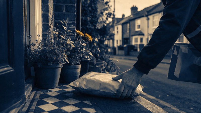 A courier's hand placing a parcel on a doorstep beside a row of potted plants in a quiet British street, gentle evening light
