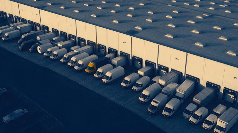 Aerial view of a vast distribution warehouse with rows of delivery vans backed up to its loading doors at dusk
