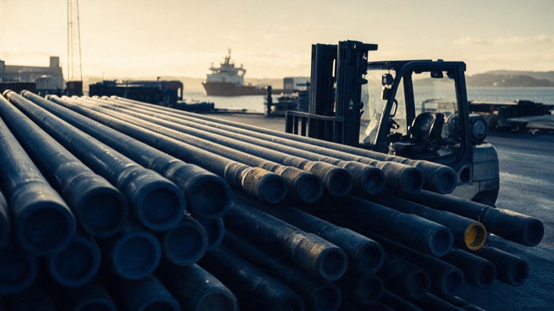Lengths of drill pipe stacked in a Stavanger harbour yard under low Nordic morning sun, a forklift parked beside them, the grey fjord and a supply vessel in the distance