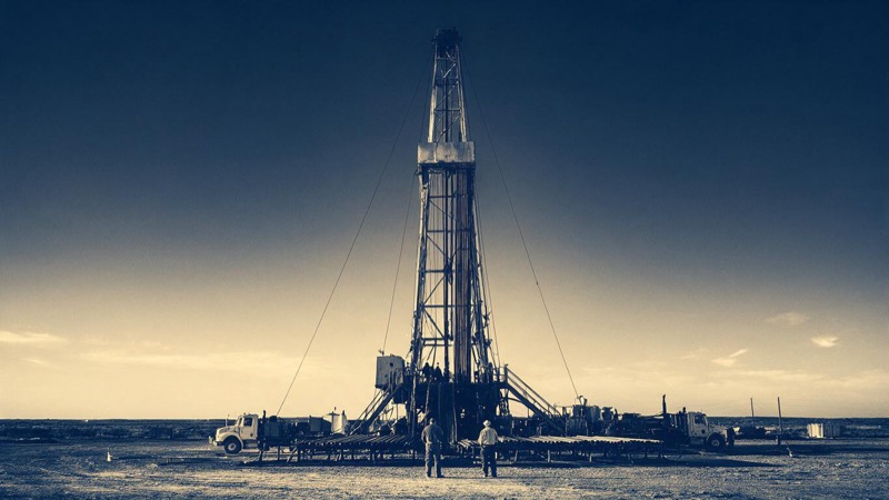 A drilling rig and its derrick rising over flat red-brown desert in the Permian Basin at dawn, with pump trucks and pipe racks small around its base