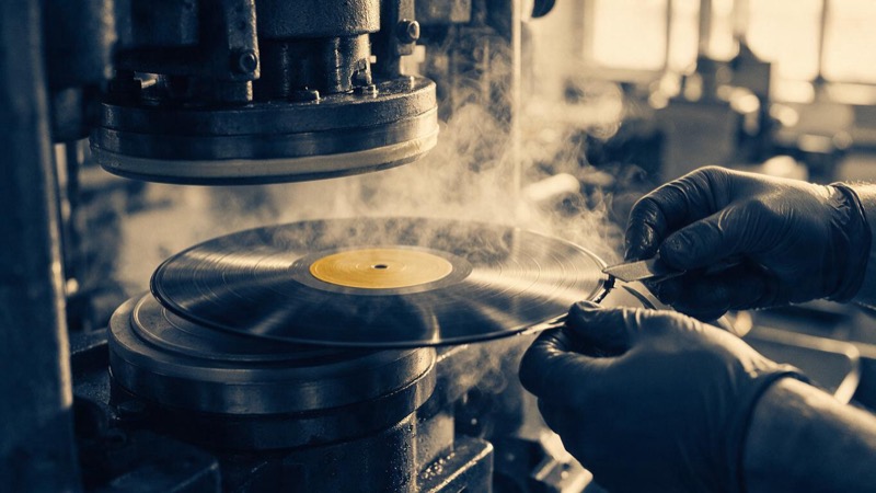 Close-up of a vinyl record emerging from a pressing machine in a Hanover factory, steam rising and gloved hands trimming the edge in warm industrial light
