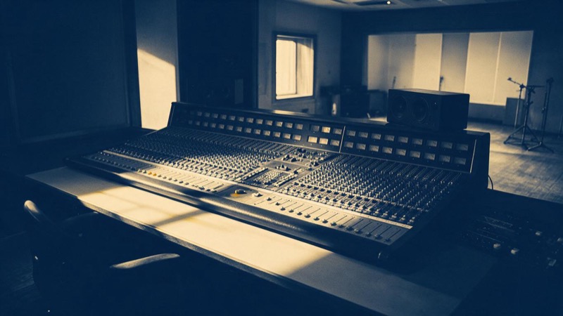A recording studio control room with a large mixing console and a window onto the empty live room, daylight on the desk