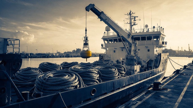 A cable-repair ship alongside a quay in Singapore at dawn, great coils of undersea cable stacked on its deck and a crane lowering a marker buoy