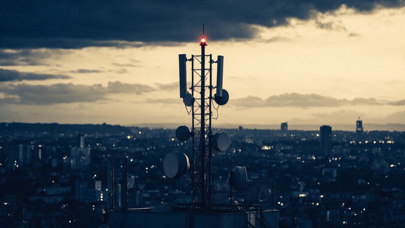 A telecoms rooftop mast with microwave dishes at dusk above a sprawling city, a red aviation lamp glowing on its tip