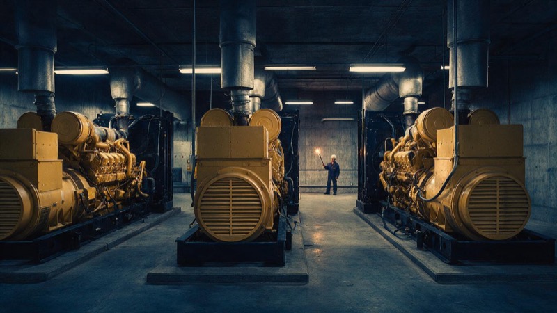 A hall of huge standby diesel generators in a concrete bunker, yellow-painted steel catching the strip lights, one engineer tiny in the distance with a torch
