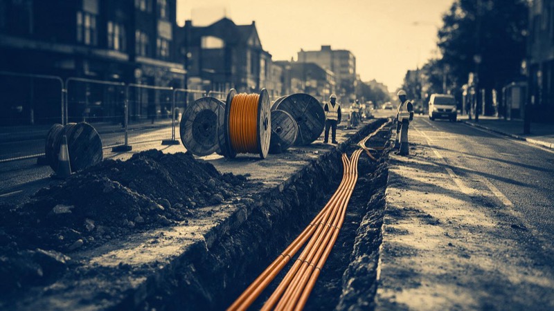 Orange fibre ducting being laid into an open trench along a city street at dawn, cable reels waiting and workers in hi-vis vests small beside them