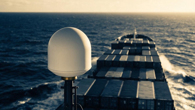 A white satellite dome on the mast of a container ship crossing the open Atlantic at sunrise, a long line of stacked containers ahead and spray on the bow