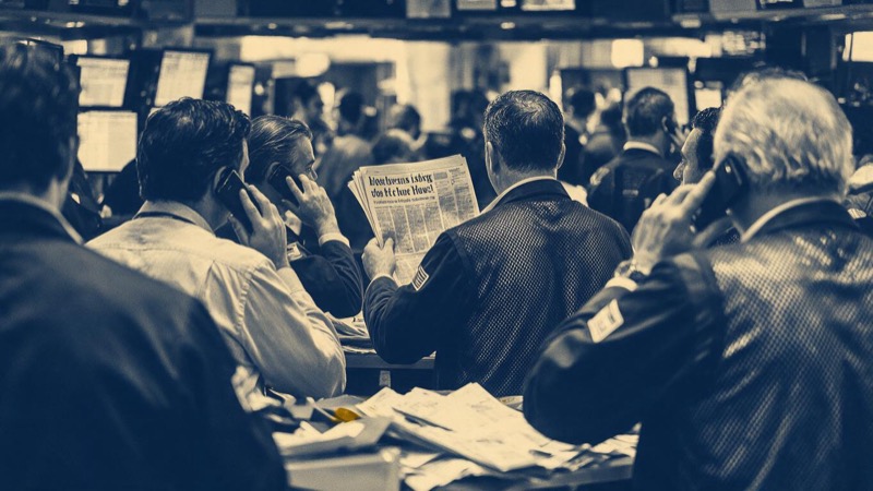 A long dealing-room desk at first light with a row of telephone handsets resting beside dark monitors, the glass wall behind showing a hazy New York skyline