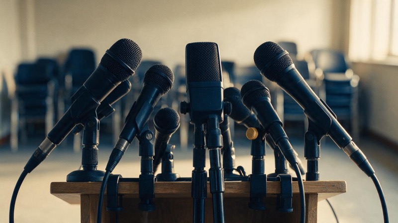 Close-up of a cluster of broadcast microphones on a bare lectern in an empty briefing room, stacked chairs blurred behind, late afternoon light