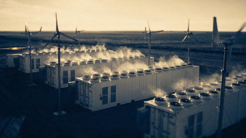 Aerial view at dawn of rows of white shipping-container mining units on a flat Texas plain, steam rising from their cooling fans beside slowly turning wind turbines