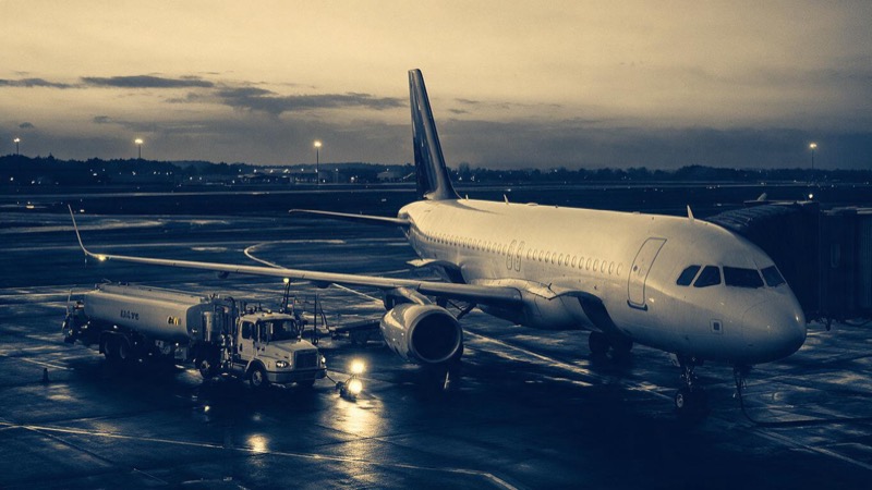 A passenger jet stands on a regional airport apron before dawn while a fuel tanker truck waits beside its wing, floodlights on the wet tarmac
