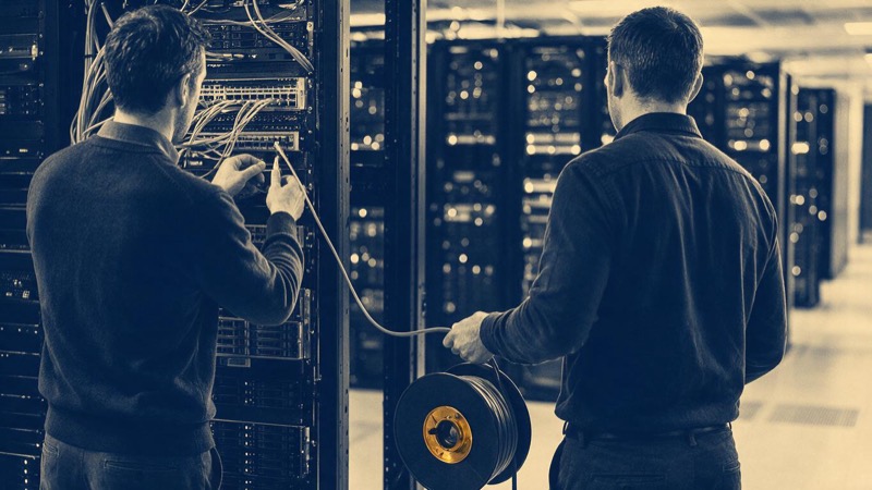 Bundles of blue and yellow fibre-optic cables run along overhead trays in a data centre ceiling, racks blurred below