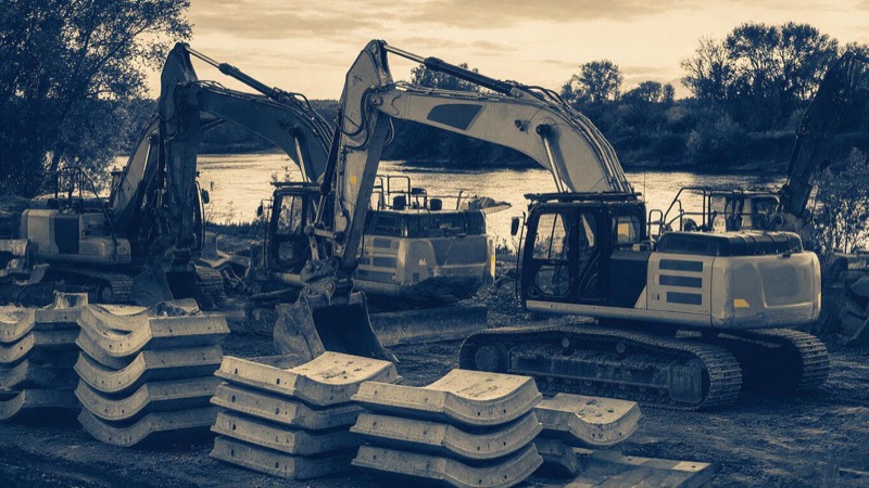 A large construction contractor's yard with excavators and stacks of precast concrete sections beside a river at dusk