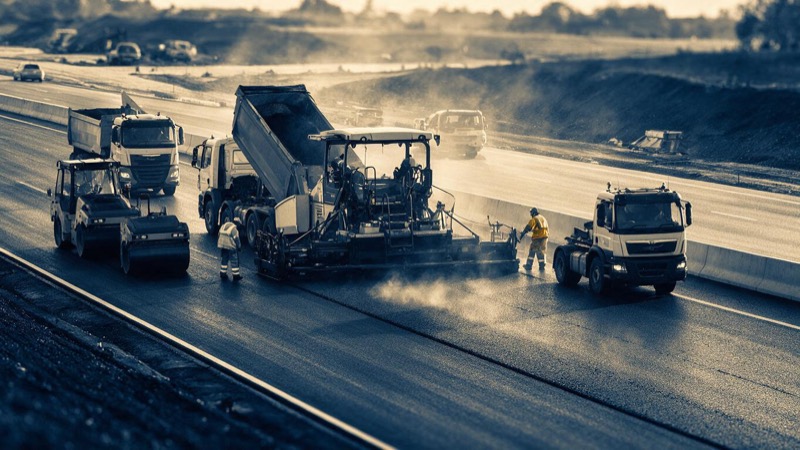 A new motorway section under construction with a paving machine and trucks, hi-vis workers and steam rising, at sunrise