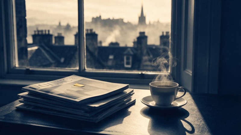 An editor's desk in an Edinburgh office at first light, a stack of journals and a steaming cup of tea, a window onto misty rooftops, no one in frame