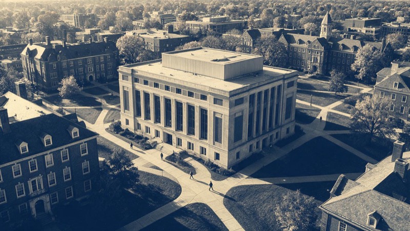 Aerial view of a large university library and its quadrangle in the American Midwest on an autumn morning, small figures crossing paths between red-brick buildings