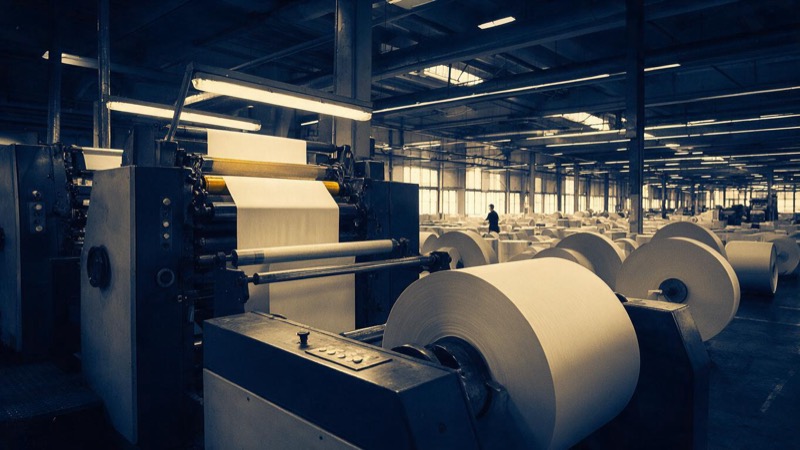 A vast printing hall at a publisher's plant in Germany at night, reels of paper and a press at full speed under bright strip lights, a single worker tiny in the distance