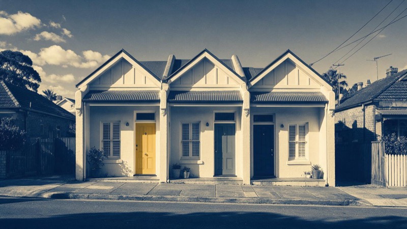 Three similar semi-detached houses side by side on a sunny suburban street in Sydney, each front door a different colour, photographed from the pavement in late morning