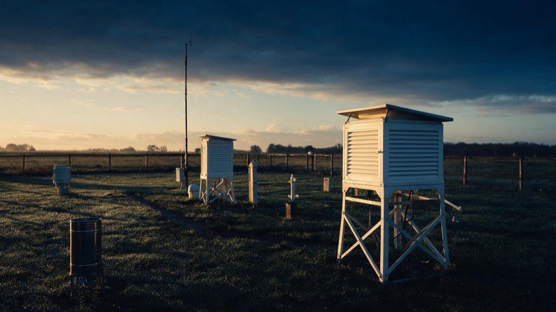 A weather observation field at dawn with white instrument shelters, a rain gauge and a slim mast on wet grass under a clearing sky