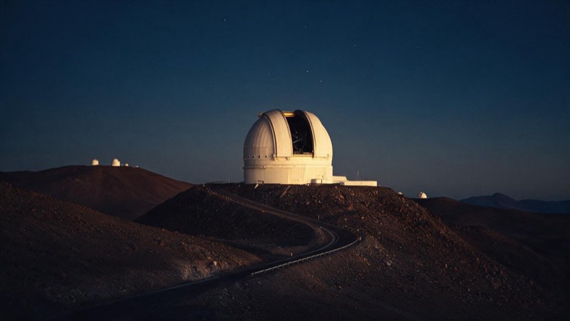 A large optical telescope dome on a high Chilean desert ridge at blue dusk, its slit open toward the first stars and a service road winding up from the valley