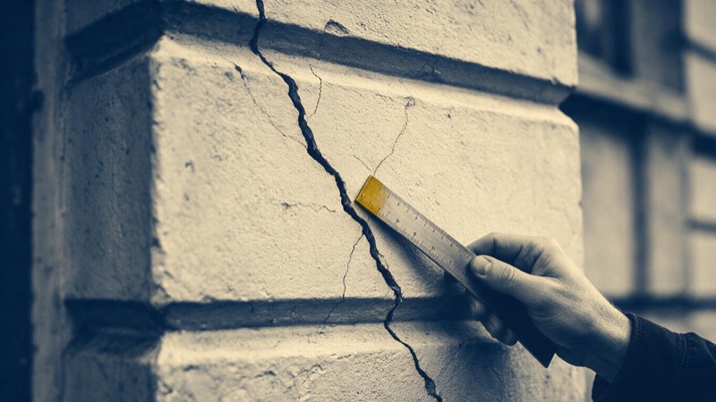 Close-up of a diagonal crack running through the plaster of an old stone building, a loss assessor's hand holding a steel straightedge against it in flat grey light