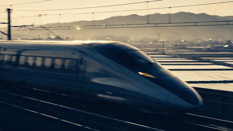 A high-speed train blurring through a green rice-paddy plain in Japan at golden hour, overhead cables glinting and a mountain ridge hazy behind