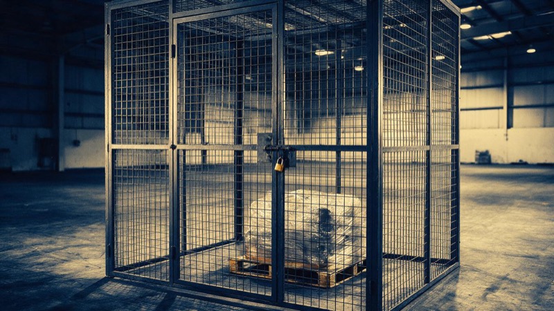A locked wire-mesh cage in a bonded warehouse in Dubai holding a single shrink-wrapped pallet, a padlock on the door, harsh overhead light in an otherwise empty hall