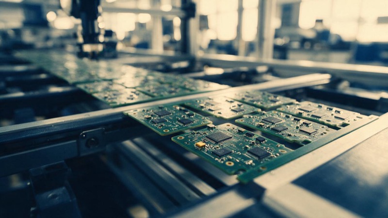 Close-up of a stream of identical green circuit boards moving along a conveyor through a pick-and-place line in a Shenzhen factory, shallow focus and bright light