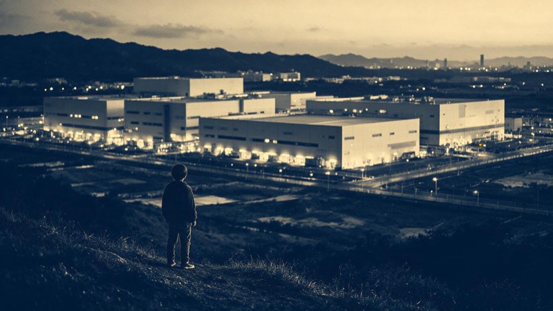 A small figure seen from behind on a hillside at dusk looks across the plain at the lit cleanroom buildings of a vast fab complex in Hsinchu, Taiwan