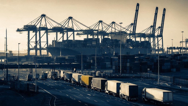 Container stacks and quay cranes at the port of Rotterdam at dawn, a laden ship alongside and trucks queuing at the terminal gate in low golden light
