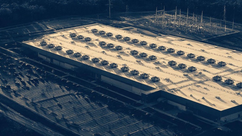 Aerial at sunset of a vast windowless data-centre campus in Virginia, rows of rooftop chillers and a high-voltage substation beside it, long shadows across the car parks