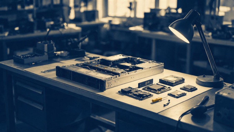 A technician's workbench with an opened server, its components laid out in a neat row beside it under a bright lamp