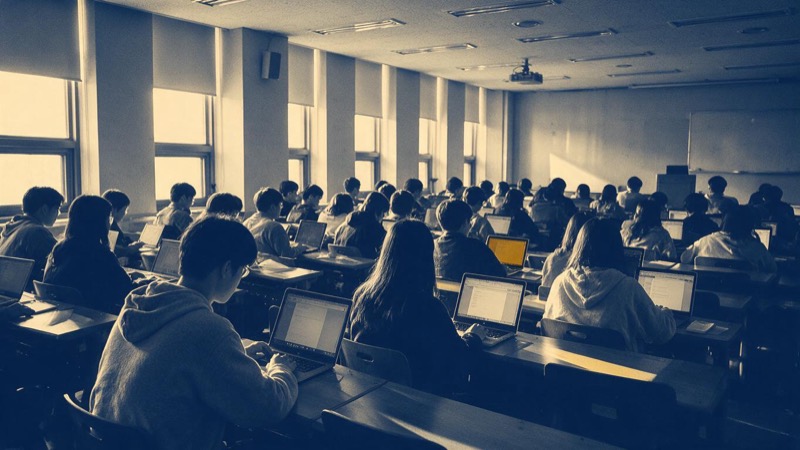 Wide view from the back of a university lecture hall in Seoul full of students with open laptops, light from tall windows