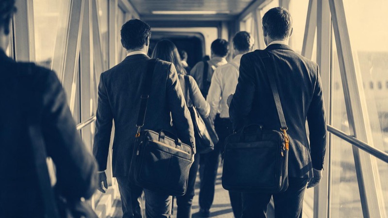 Business travellers seen from behind walking along a covered jet bridge toward an aircraft door, laptop bags on their shoulders