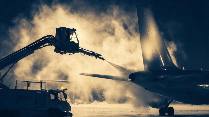 A de-icing truck's boom spraying a parked airliner's tail on a snowy apron at night, steam and floodlights filling the frame