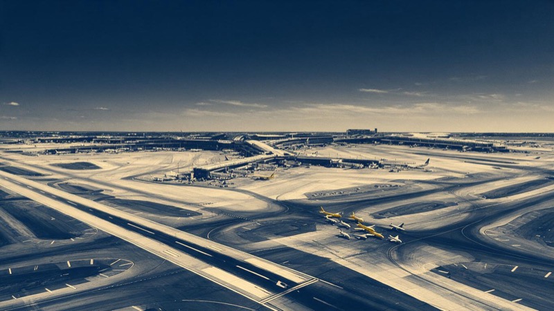 Aerial view of a hub airport's terminal piers and crossing runways under a clear sky, aircraft queued at the threshold