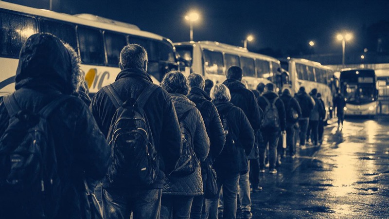 A coach station in Buenos Aires at night with buses lined up under lights and passengers seen from behind queueing to board, rain on the road