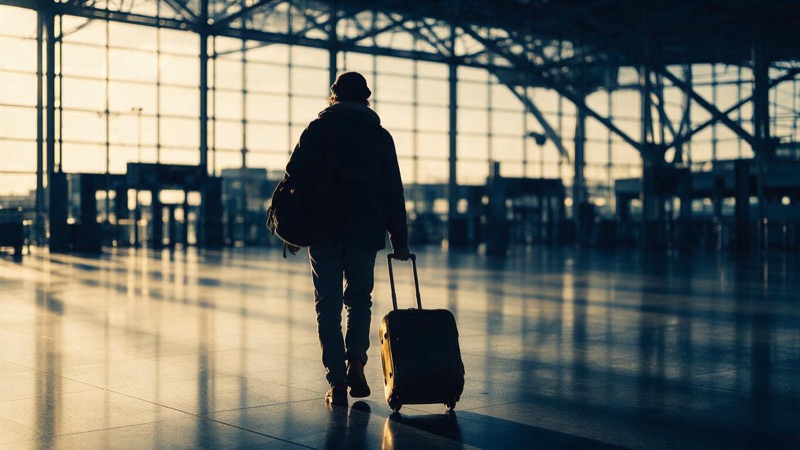 A traveller seen from behind pulling a small suitcase across a vast empty departure hall of glass and steel, early light slanting in from the east