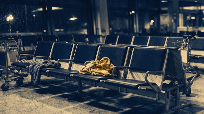 Rows of empty airport seats with a few abandoned blankets and luggage trolleys in a dim terminal late at night, rain on the windows